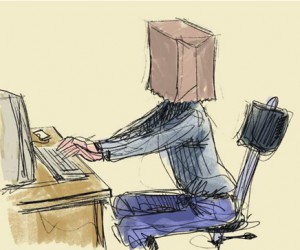 Computer typing with a bag on head