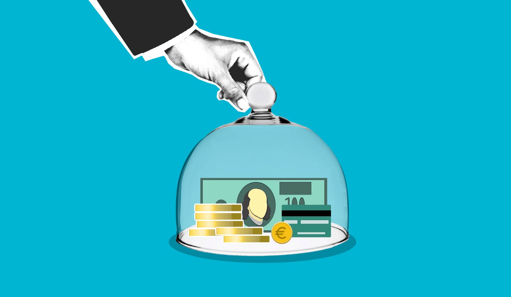 Hand placing a coin on a glass dome with money and a card.